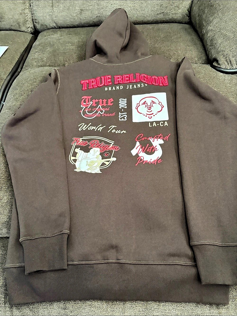 True Religion Applique Multi Zip Hoodie Brown & Red XL - Picture 7 of 12